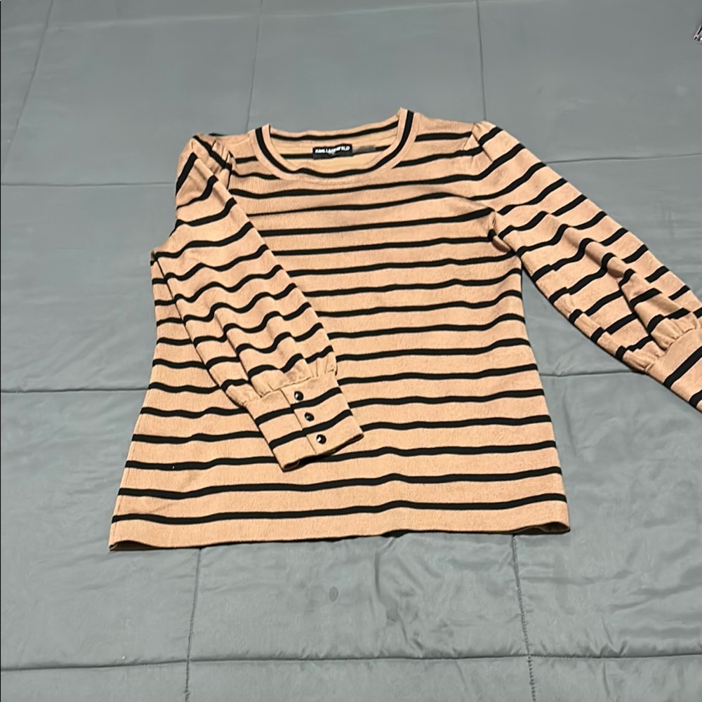 Karl Lagerfeld Paris Striped Tan and Black -Sleeve Top EUC